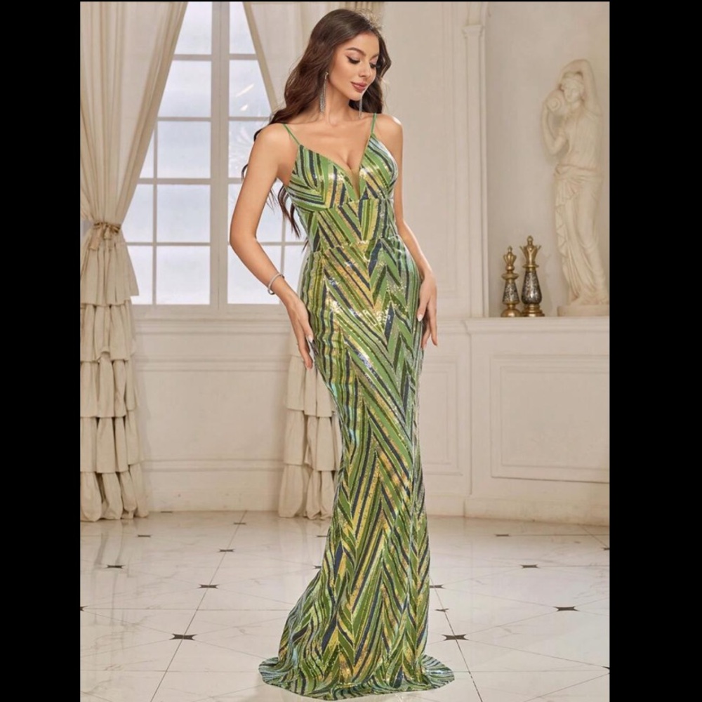 Green Sequin Evening Gown